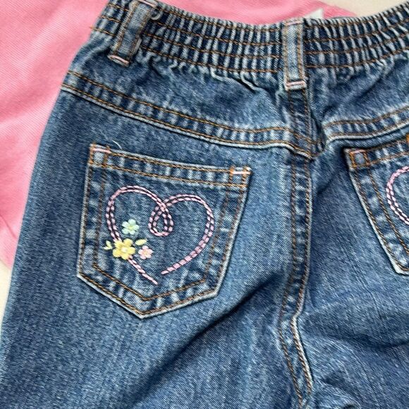 VTG Carter’s | Baby Girls Embroidered Denim Blue Jeans Pink Long Sleeve T Shirt - Picture 4 of 16